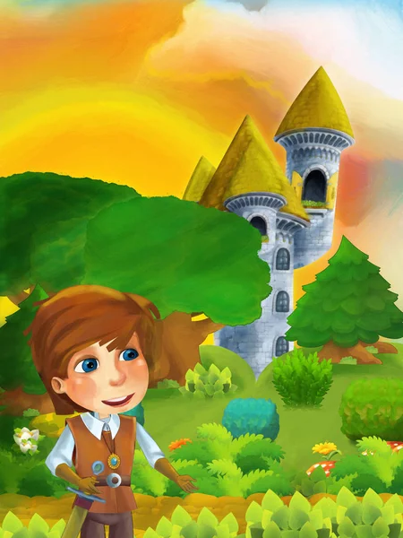 Мультяшная лесная сцена с принцем, стоящим на тропинке возле леса и башни замка - иллюстрация для детей — стоковое фото