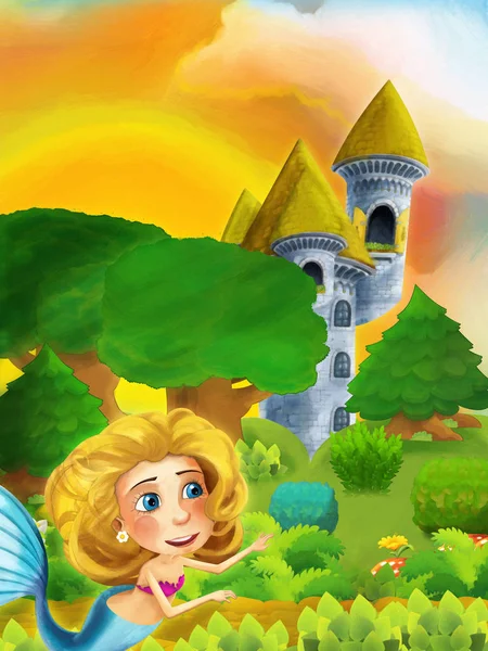 Escena del bosque de dibujos animados con la princesa de pie en el camino cerca del bosque y la torre del castillo - ilustración para los niños — Foto de Stock