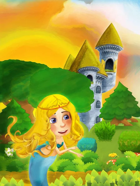 Escena del bosque de dibujos animados con la princesa de pie en el camino cerca del bosque y la torre del castillo - ilustración para los niños — Foto de Stock