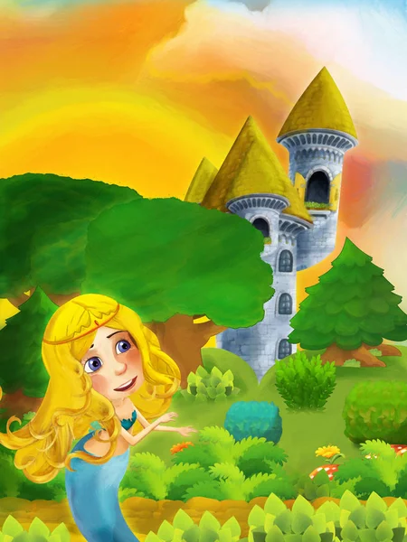 Мультяшная лесная сцена с принцессой, стоящей на дорожке рядом с лесом и башней замка - иллюстрация для детей — стоковое фото