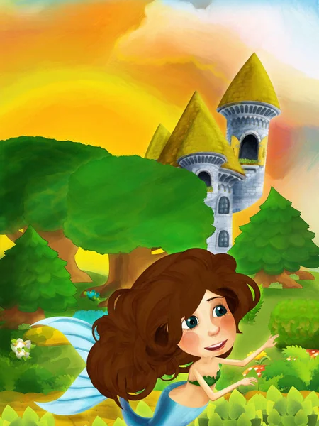 Cartoon forest scene with princess standing on path near the forest and castle tower - illustration for children — ストック写真