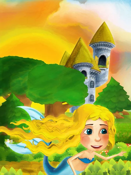 cartoon forest scene with princess standing on path near the forest and castle tower - illustration for children