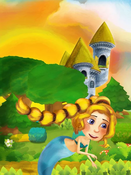 Мультяшна лісова сцена з принцесою, що стоїть на шляху біля лісу та вежі - ілюстрація для дітей — стокове фото