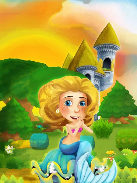 卡通片森林场景，公主站在森林和城堡塔附近的小径上。 — 图库照片