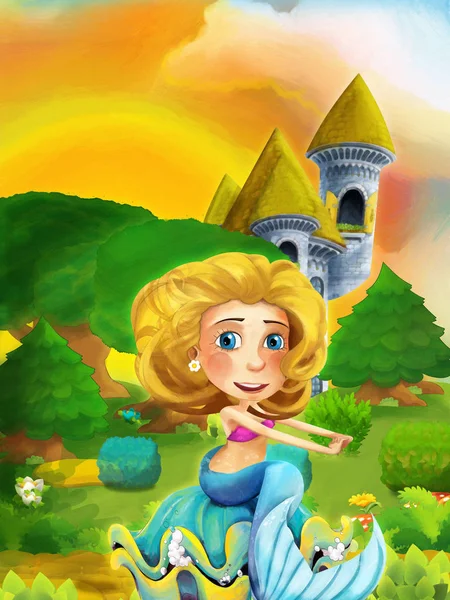 Cartoon bos scène met prinses staan op pad in de buurt van het bos en kasteel toren - illustratie voor kinderen — Stockfoto