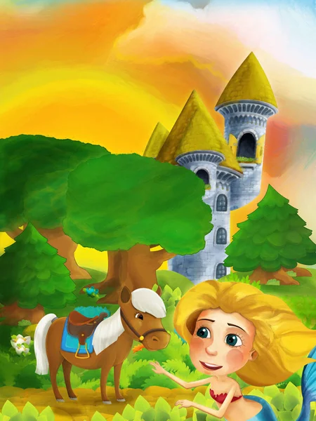 Cartoon-Waldszene mit Prinzessin, die auf Pfad in der Nähe von Wald und Burgturm steht - Illustration für Kinder — Stockfoto