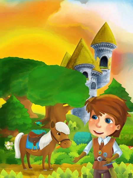 Scena della foresta dei cartoni animati con principe in piedi sul sentiero vicino alla foresta e torre del castello - illustrazione per i bambini — Foto Stock