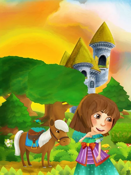 Escena del bosque de dibujos animados con la princesa de pie en el camino cerca del bosque y la torre del castillo - ilustración para los niños —  Fotos de Stock