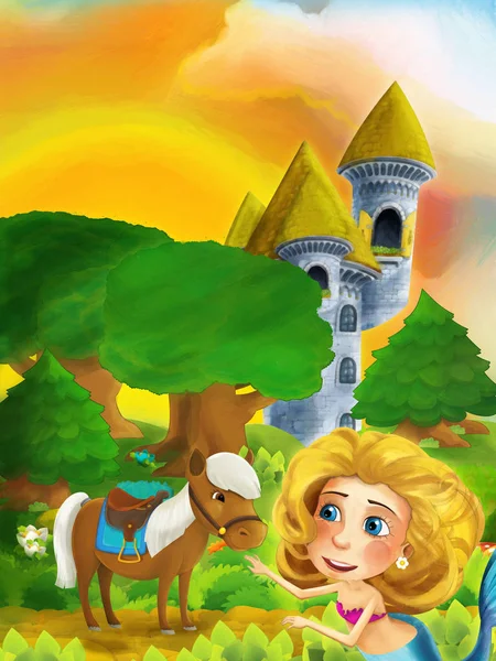 Escena del bosque de dibujos animados con la princesa de pie en el camino cerca del bosque y la torre del castillo - ilustración para los niños — Foto de Stock