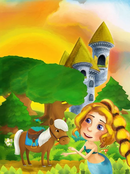 Escena del bosque de dibujos animados con la princesa de pie en el camino cerca del bosque y la torre del castillo - ilustración para los niños — Foto de Stock