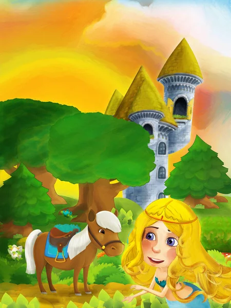 Scena della foresta del fumetto con la principessa in piedi sul sentiero vicino alla foresta e torre del castello - illustrazione per i bambini — Foto Stock