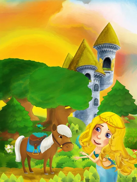Kreskówkowa scena leśna z księżniczką stojącą na ścieżce w pobliżu lasu i wieży zamkowej - ilustracja dla dzieci — Zdjęcie stockowe