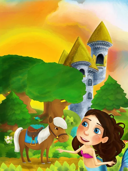 Cartoon forest scene with princess standing on path near the forest and castle tower - illustration for children — Stock Photo, Image