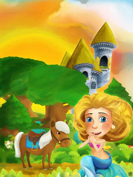 Escena del bosque de dibujos animados con la princesa de pie en el camino cerca del bosque y la torre del castillo - ilustración para los niños — Foto de Stock