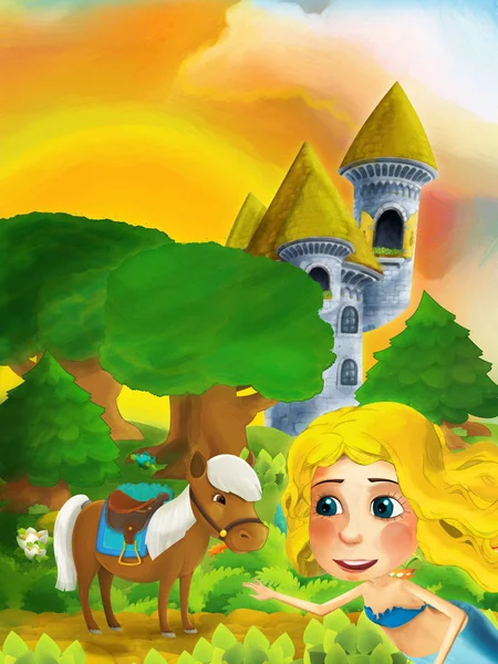 Cartoon-Waldszene mit Prinzessin, die auf Pfad in der Nähe von Wald und Burgturm steht - Illustration für Kinder — Stockfoto