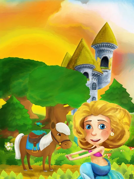 Tegnefilmskoger med prinsesse som står på stien nær skogen og slottstårnet - illustrasjon for barn – stockfoto