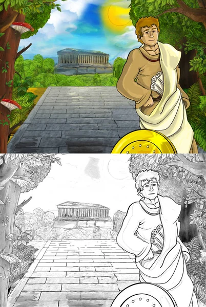 Kreslený scéna s římský nebo řecký starověký znak v blízkosti některé — Stock fotografie