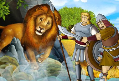 Yunan ya da Romalı savaşçı ya da filozofun Nemea aslanla savaştığı karikatür sahnesi - çocuklar için illüstrasyon