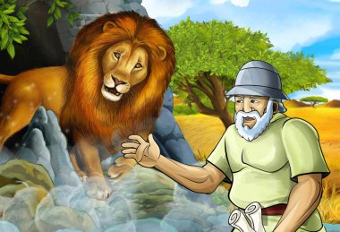 Yunan ya da Romalı savaşçı ya da filozofun Nemea aslanla savaştığı karikatür sahnesi - çocuklar için illüstrasyon