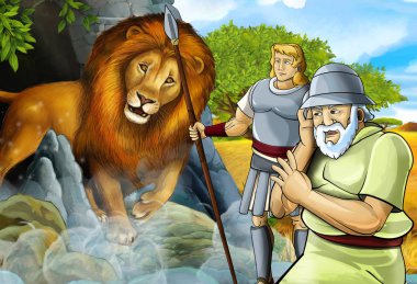 Yunan ya da Romalı savaşçı ya da filozofun Nemea aslanla savaştığı karikatür sahnesi - çocuklar için illüstrasyon