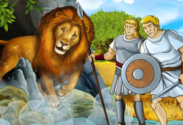 cartoon scene with greek or roman warrior or philosopher fighting nemean lion - illustration for children