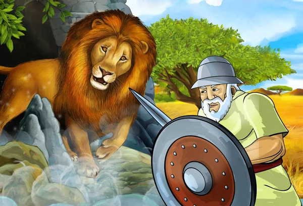 Cartoon scene with greek or roman warrior or philosopher fighting nemean lion - illustration for children — Stock Photo, Image