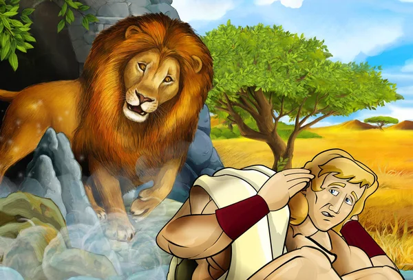 Scène de dessin animé avec un guerrier grec ou romain ou un philosophe combattant un lion néméen - illustration pour enfants — Photo