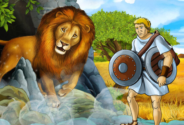 cartoon scene with greek or roman warrior or philosopher fighting nemean lion - illustration for children
