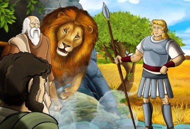 Yunan ya da Romalı savaşçının ya da filozofun Nemea aslanla savaştığı bir çizgi film sahnesi