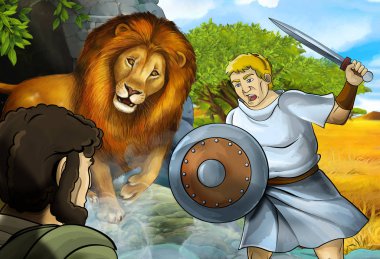 Yunan ya da Romalı savaşçının ya da filozofun Nemea aslanla savaştığı bir çizgi film sahnesi