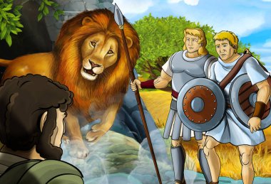 Yunan ya da Romalı savaşçının ya da filozofun Nemea aslanla savaştığı bir çizgi film sahnesi