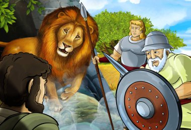 Yunan ya da Romalı savaşçının ya da filozofun Nemea aslanla savaştığı bir çizgi film sahnesi