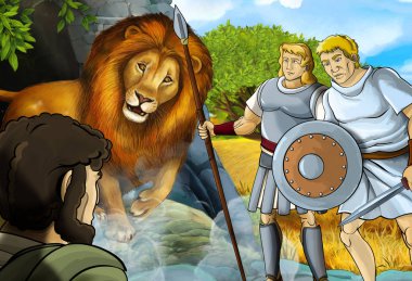Yunan ya da Romalı savaşçının ya da filozofun Nemea aslanla savaştığı bir çizgi film sahnesi