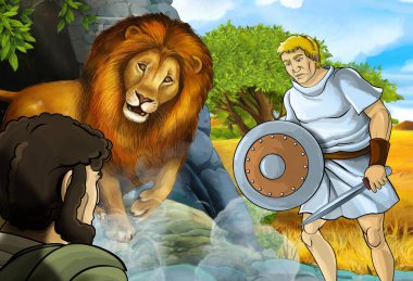 Yunan ya da Romalı savaşçının ya da filozofun Nemea aslanla savaştığı bir çizgi film sahnesi