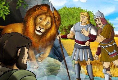 Yunan ya da Romalı savaşçının ya da filozofun Nemea aslanla savaştığı bir çizgi film sahnesi