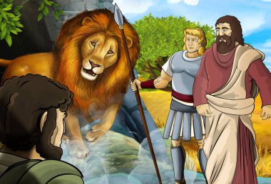 Yunan ya da Romalı savaşçının ya da filozofun Nemea aslanla savaştığı bir çizgi film sahnesi