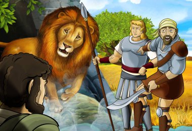 Yunan ya da Romalı savaşçının ya da filozofun Nemea aslanla savaştığı bir çizgi film sahnesi