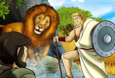 Yunan ya da Romalı savaşçının ya da filozofun Nemea aslanla savaştığı bir çizgi film sahnesi