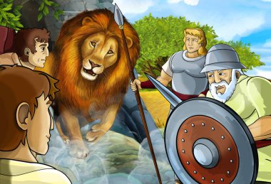 Yunan ya da Romalı savaşçının ya da filozofun savaştığı bir çizgi film sahnesi