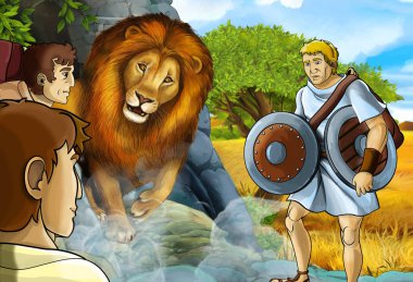 Yunan ya da Romalı savaşçının ya da filozofun savaştığı bir çizgi film sahnesi