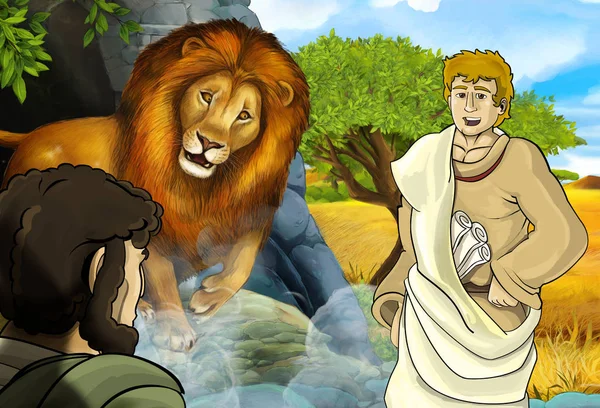 cartoon scene with greek or roman warrior or philosopher fighting nemean lion