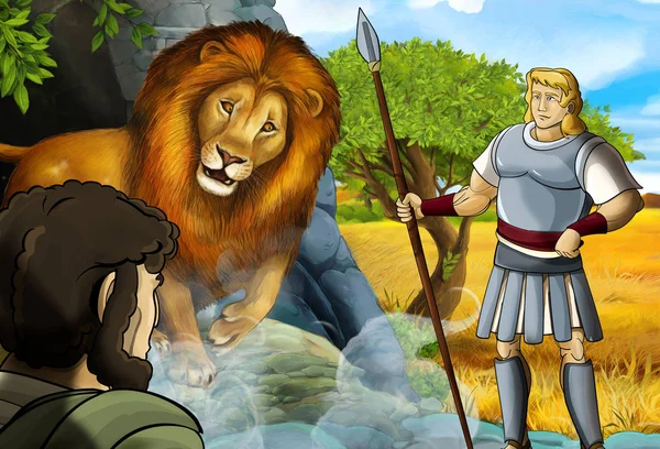 cartoon scene with greek or roman warrior or philosopher fighting nemean lion