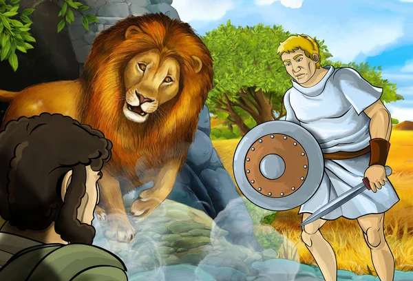 cartoon scene with greek or roman warrior or philosopher fighting nemean lion