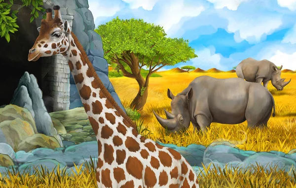 cartoon wildlife safari scene with lion and giraffe illustration