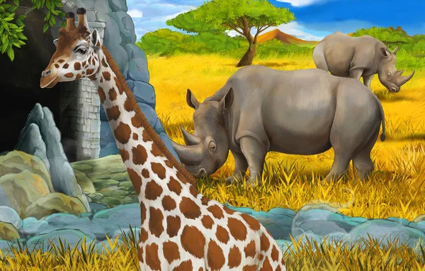 Dibujos animados vida silvestre safari escena con ilustración de león y jirafa —  Fotos de Stock