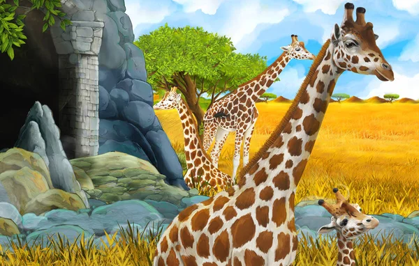 Dessin animé faune safari scène avec lion et girafe illustration — Photo