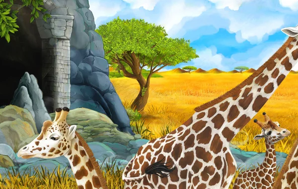Dibujos animados vida silvestre safari escena con ilustración de león y jirafa — Foto de Stock