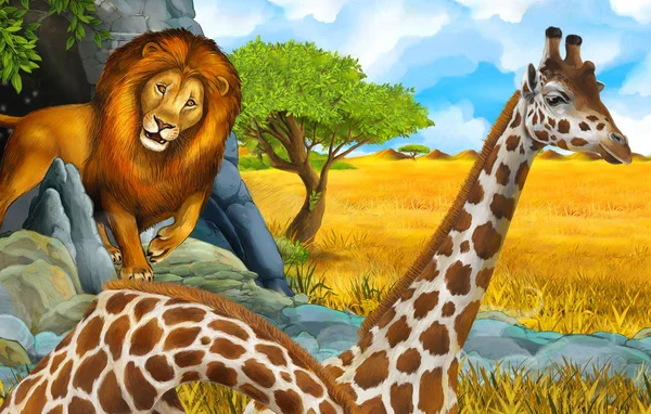 cartoon wildlife safari scene with lion and giraffe illustration