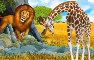 Aslan ve zürafa resimli vahşi yaşam safari sahnesi