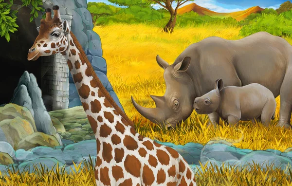 cartoon wildlife safari scene with lion and giraffe illustration